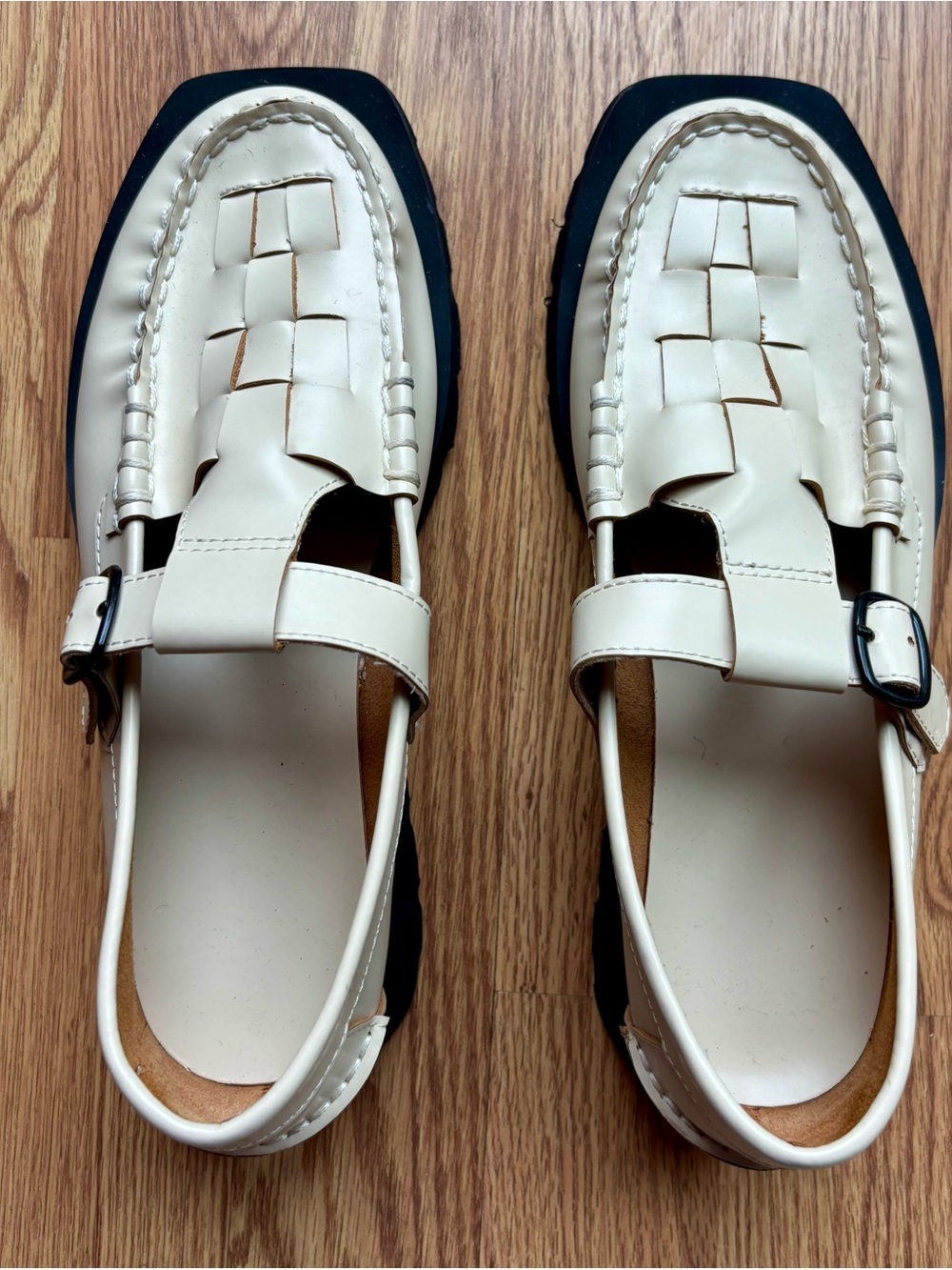 Women’s Cream Woven Strap Flats with Buckle